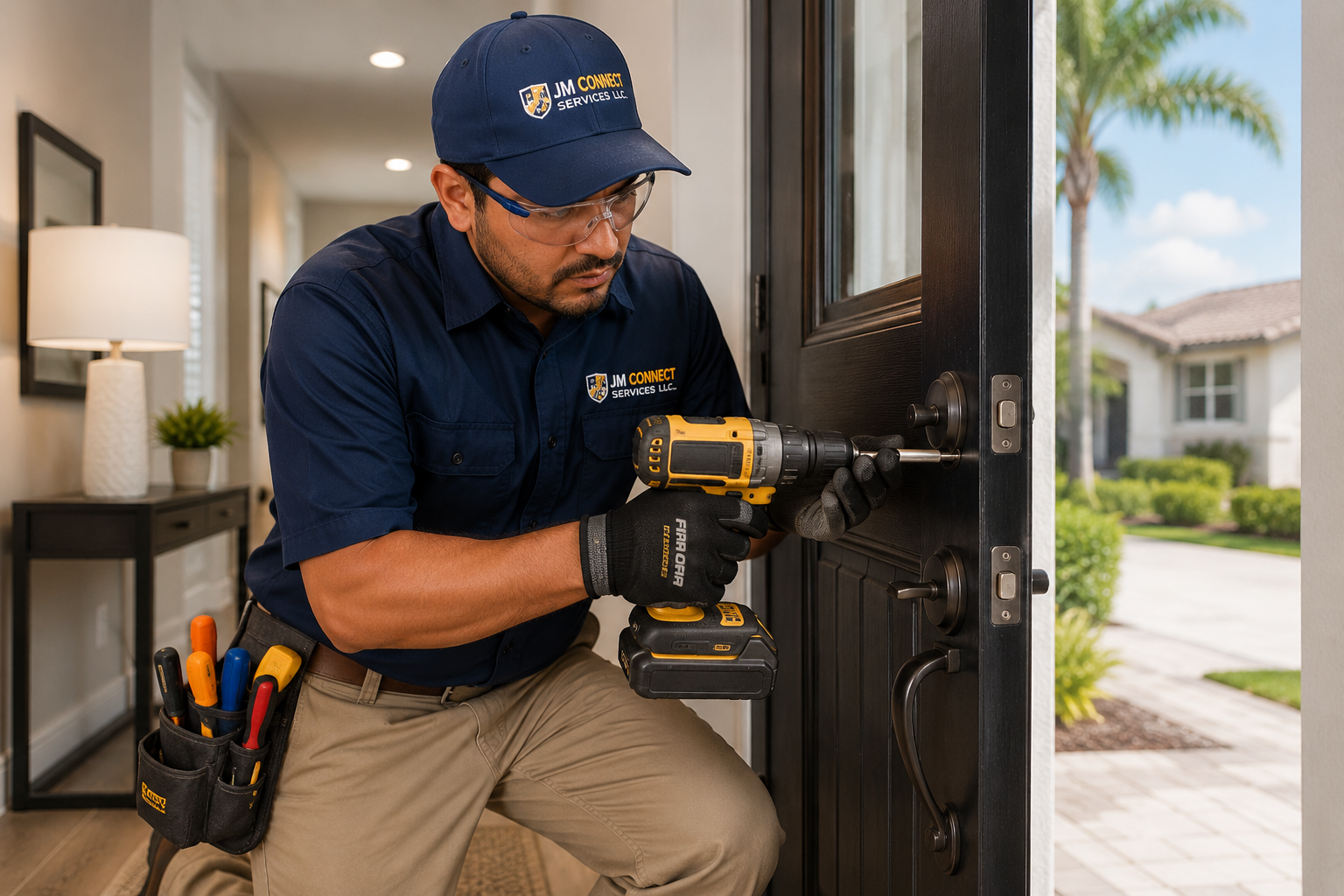 Technician fitting a new residential entry door and window